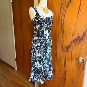 Black & White Floral Silk MIDI Dress - Sleeveless Elegant Midi